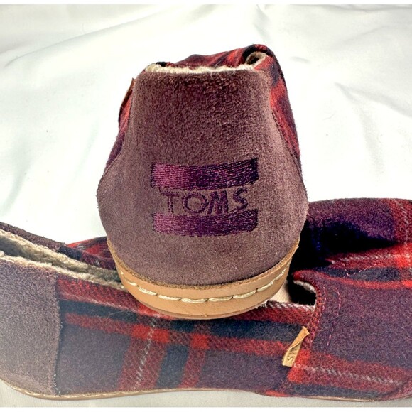 TOMS ALPARGATA LEATHER WRAP BARN RED PLAID SHEARLING LINED SHOES W10 - Picture 9 of 9